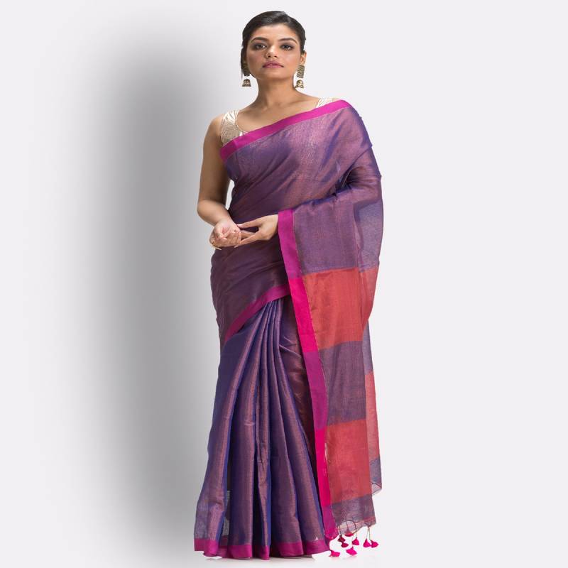 Blue Hand Woven Cotton Blend Tissue Saree