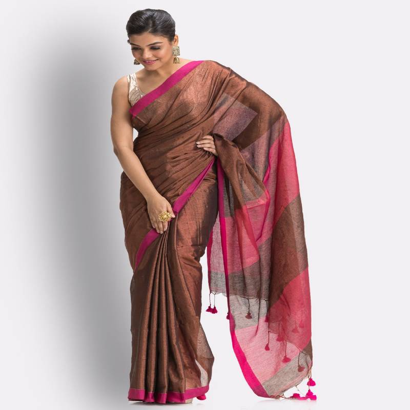 Cppper Hand Woven Cotton Blend Tissue Saree