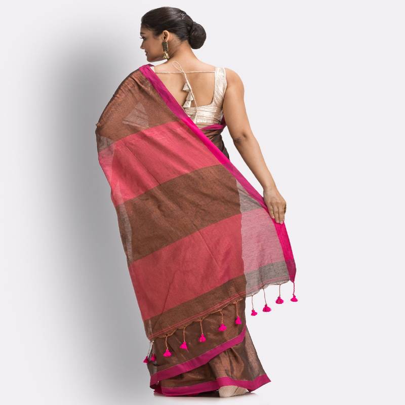 Cppper Hand Woven Cotton Blend Tissue Saree