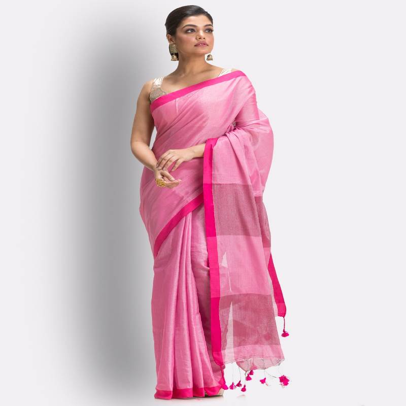 Pink Hand Woven Cotton Blend Tissue Saree