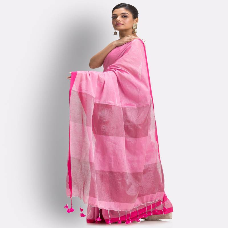 Pink Hand Woven Cotton Blend Tissue Saree