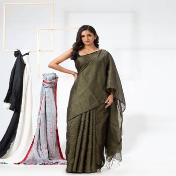 Rifle Green Hand Woven Cotton Blend Tissue Saree 1