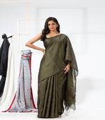 Rifle Green Hand Woven Cotton Blend Tissue Saree