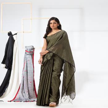 Rifle Green Hand Woven Cotton Blend Tissue Saree 2