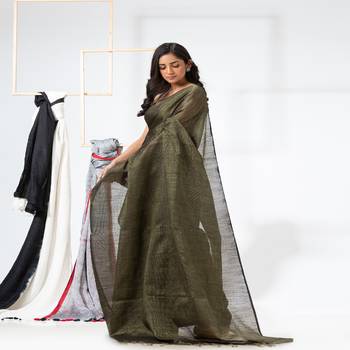 Rifle Green Hand Woven Cotton Blend Tissue Saree 3
