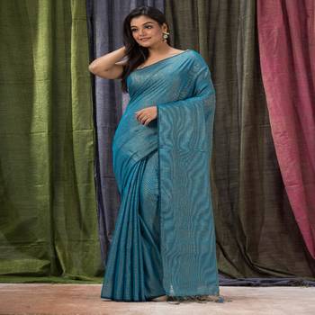 Sky Blue Hand Woven Cotton Blend Tissue Saree 1