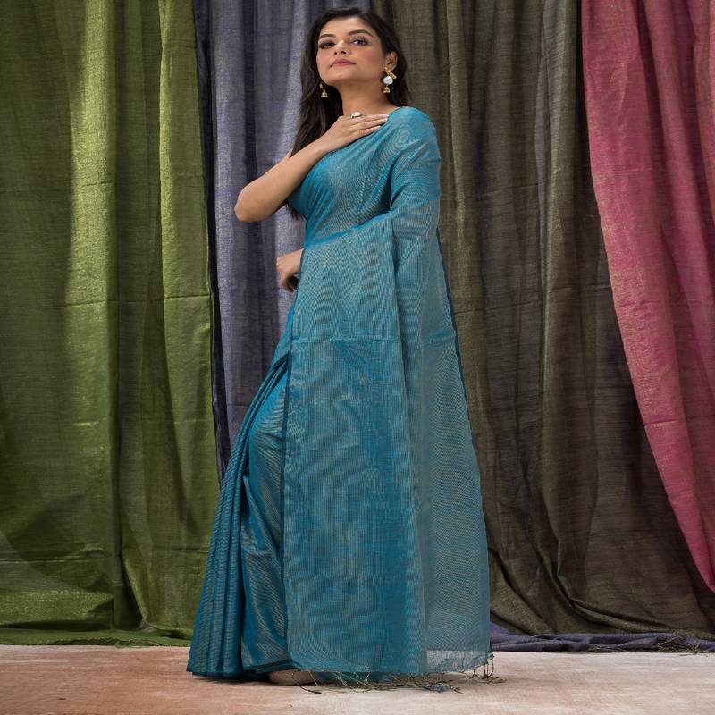 Sky Blue Hand Woven Cotton Blend Tissue Saree