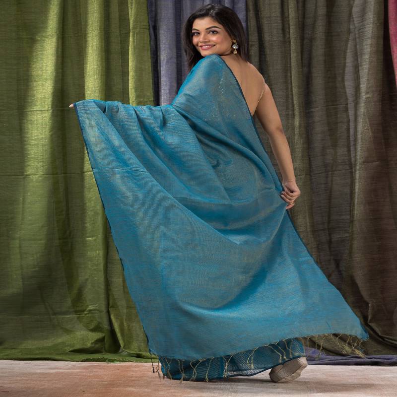 Sky Blue Hand Woven Cotton Blend Tissue Saree