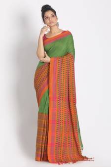 Handspun Cotton Green Handloom Begampuri Saree