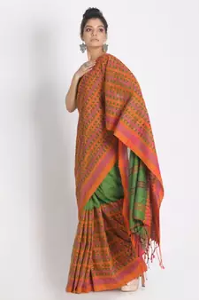 Handspun Cotton Green Handloom Begampuri Saree