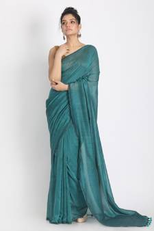 Handspun Cotton Teal Handloom Saree