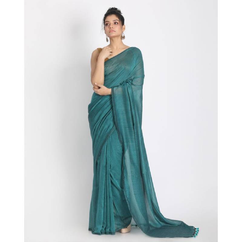 Handspun Cotton Teal Handloom Saree