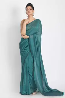 Handspun Cotton Teal Handloom Saree