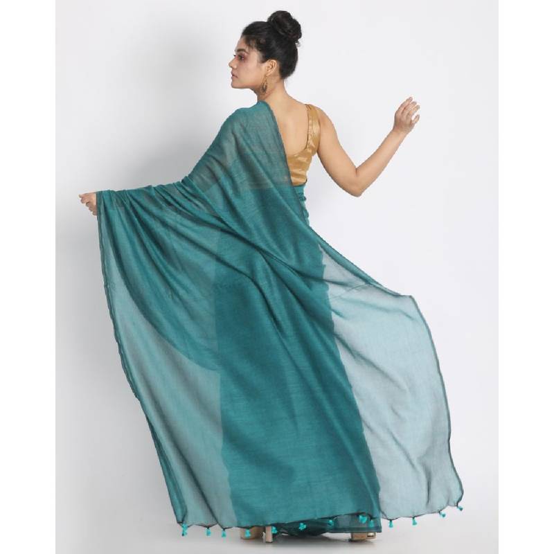 Handspun Cotton Teal Handloom Saree