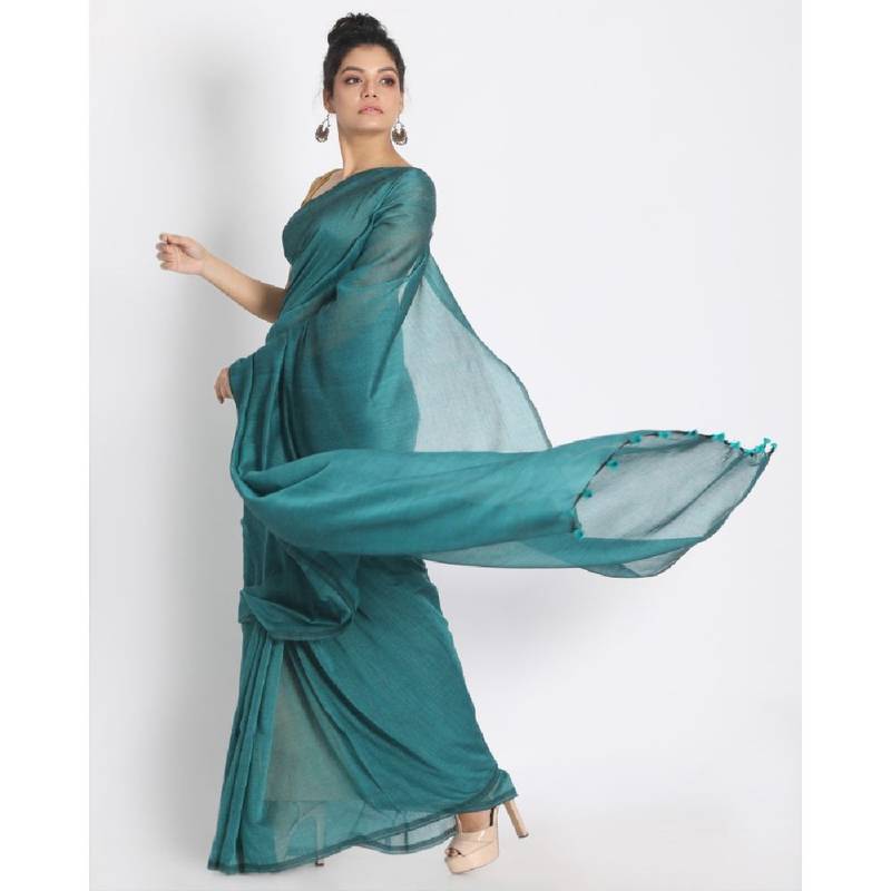 Handspun Cotton Teal Handloom Saree