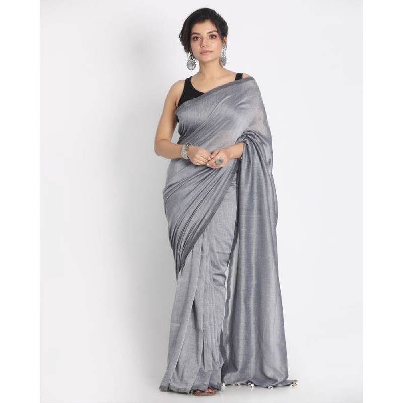 Handspun Cotton Silver Grey Handloom Saree