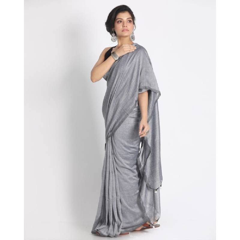 Handspun Cotton Silver Grey Handloom Saree