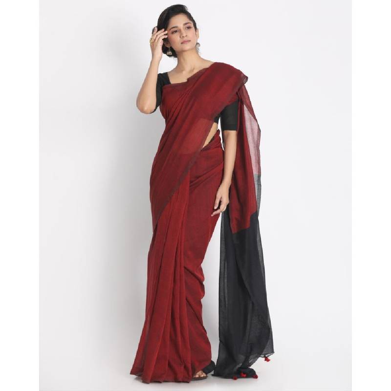 Handspun Cotton Maroon Handloom Saree