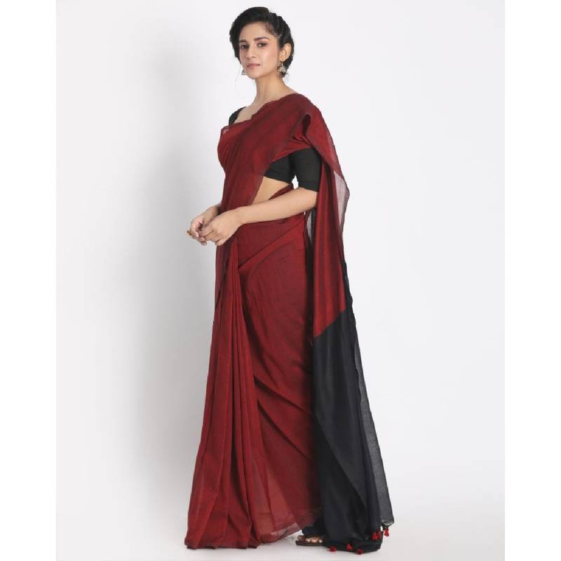 Handspun Cotton Maroon Handloom Saree