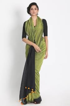 Handspun Cotton Olive Handloom Saree