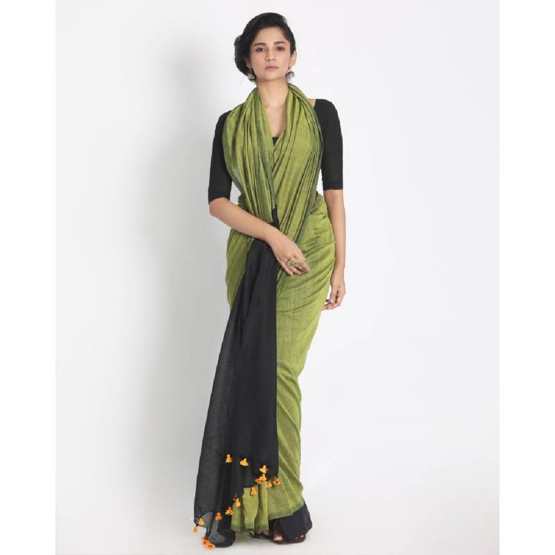 Handspun Cotton Olive Handloom Saree