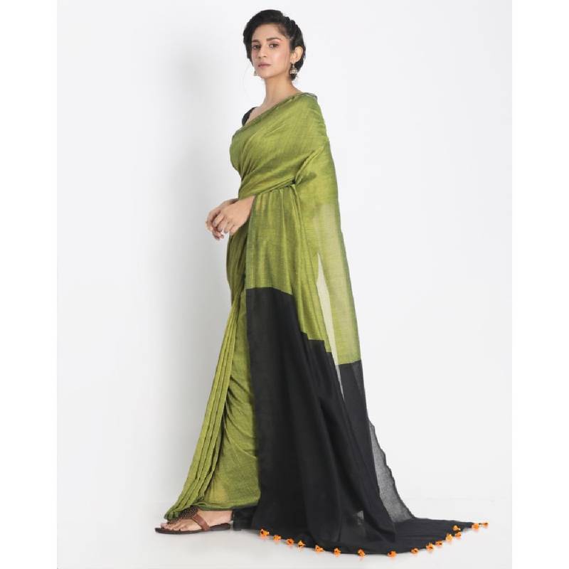 Handspun Cotton Olive Handloom Saree