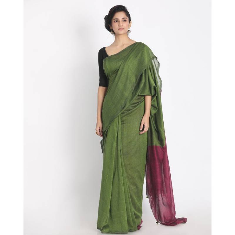 Handspun Cotton Lime Handloom Saree