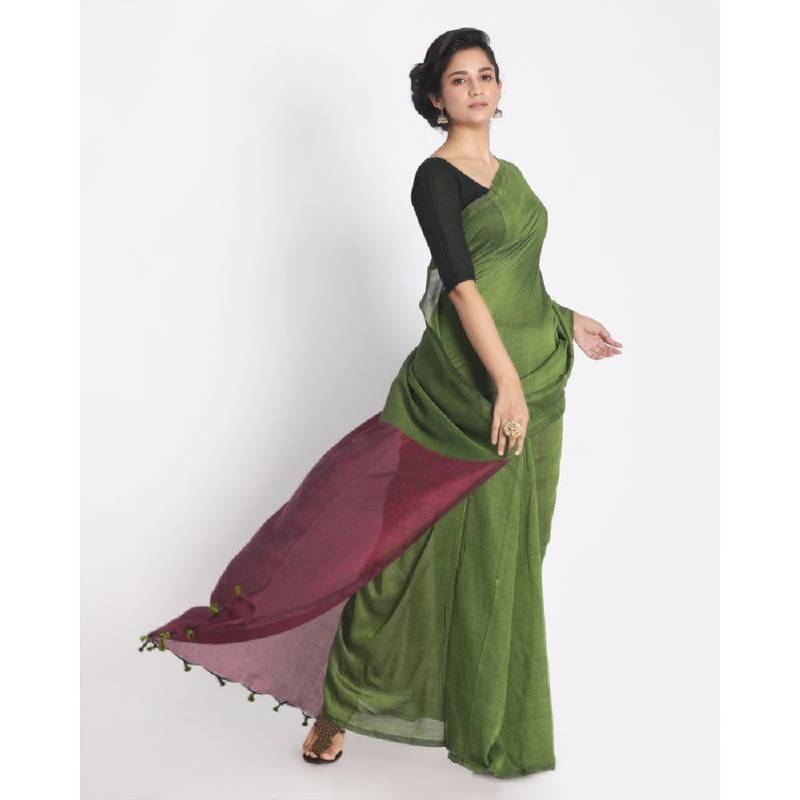 Handspun Cotton Lime Handloom Saree