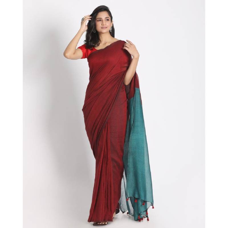 Handspun Cotton Red Handloom Saree