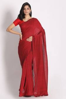 Handspun Cotton Red Handloom Saree