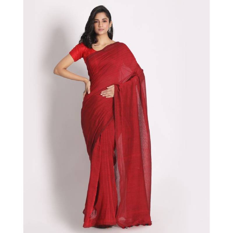 Handspun Cotton Red Handloom Saree