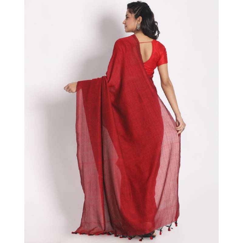 Handspun Cotton Red Handloom Saree