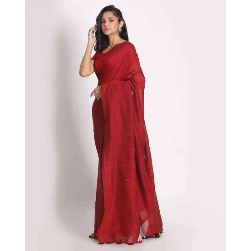 Handspun Cotton Red Handloom Saree