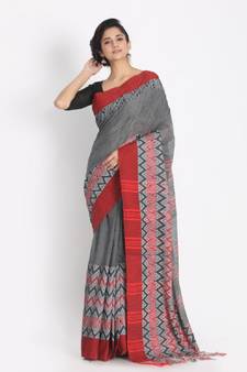 Handspun Cotton Grey Handloom Begampuri Saree