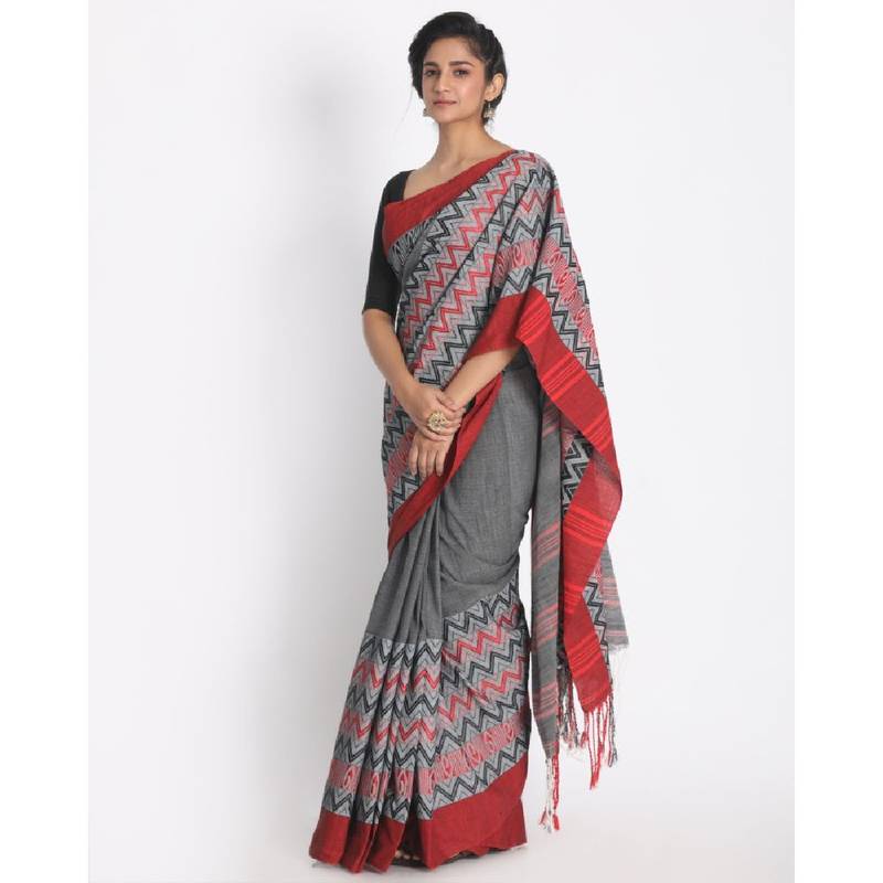 Handspun Cotton Grey Handloom Begampuri Saree