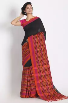 Handspun Cotton Black Handloom Begampuri Saree