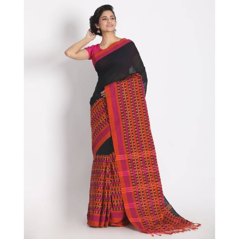 Handspun Cotton Black Handloom Begampuri Saree