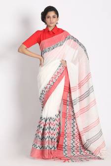 Handspun Cotton White Handloom Begampuri Saree