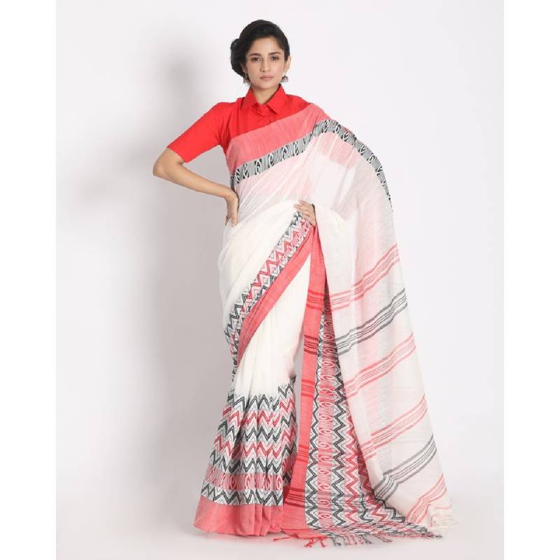 Handspun Cotton White Handloom Begampuri Saree