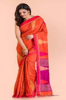 Orange Cotton Blend Handloom Saree