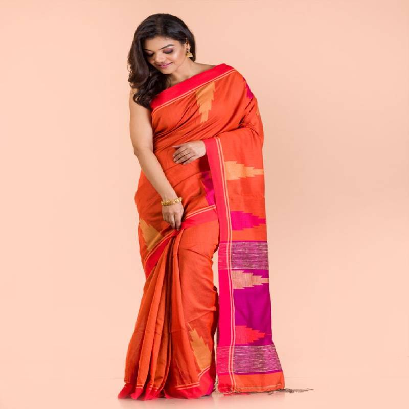 Orange Cotton Blend Handloom Saree