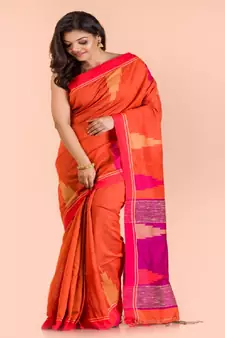 Orange Cotton Blend Handloom Saree