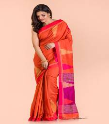 Orange Cotton Blend Handloom Saree