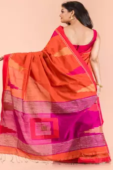 Orange Cotton Blend Handloom Saree