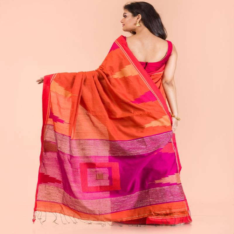 Orange Cotton Blend Handloom Saree