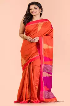 Orange Cotton Blend Handloom Saree