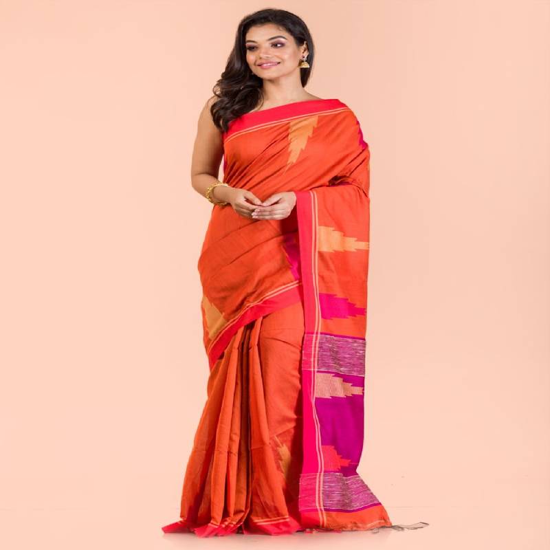 Orange Cotton Blend Handloom Saree
