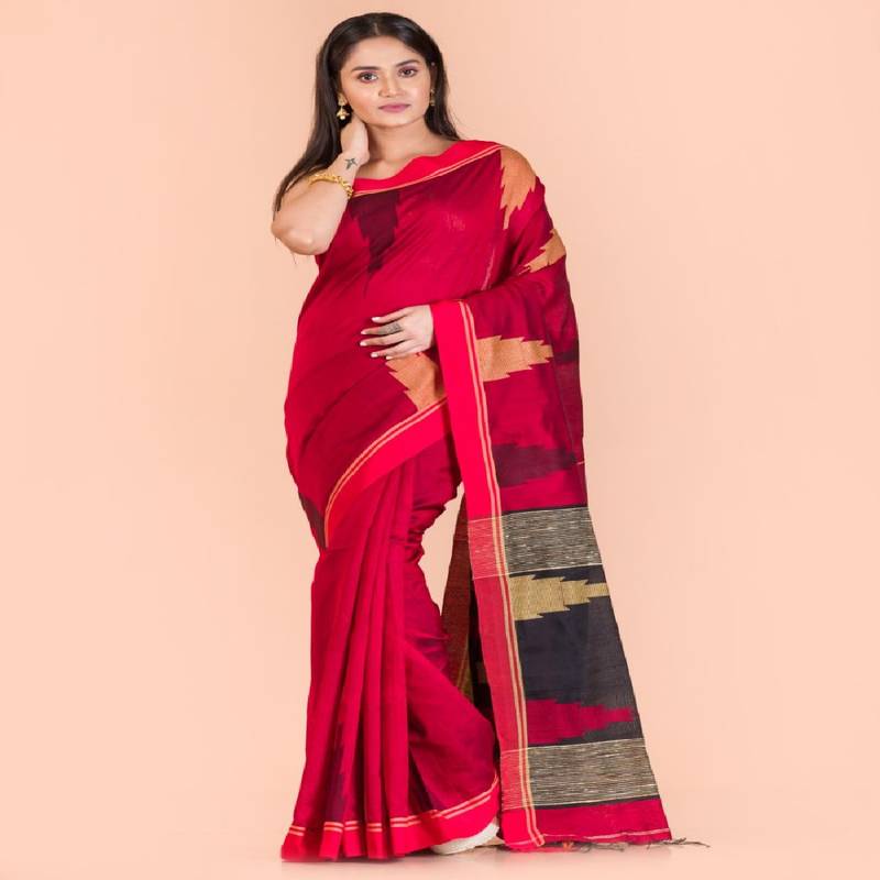 Red Cotton Blend Handloom Saree