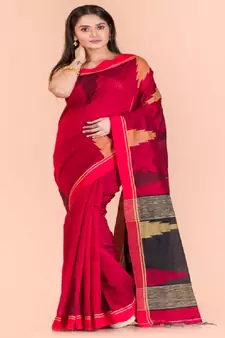 Red Cotton Blend Handloom Saree