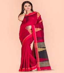 Red Cotton Blend Handloom Saree